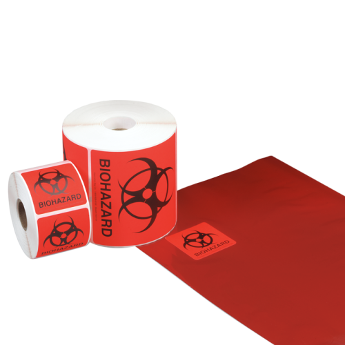 500/roll ,Printed Fluorescent Red & Black Biohazard 2x2 & 4X4
