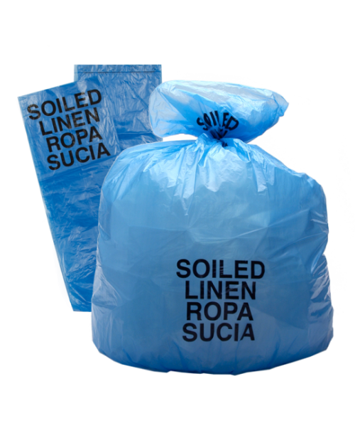 1.3 mil Heavy-Duty Blue Soiled Linen Bags (English & Spanish Print)